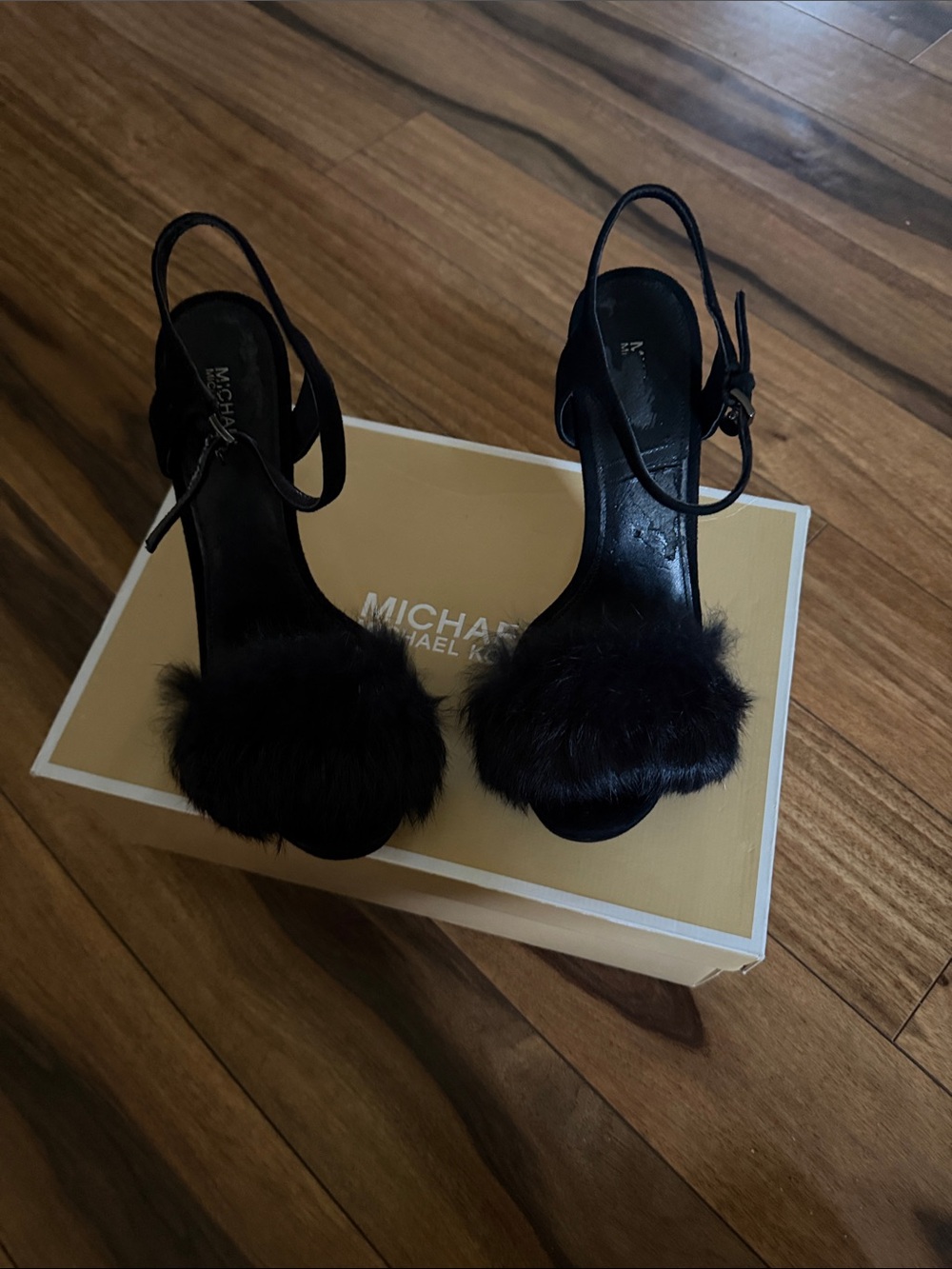 Michael Kors Black Fur Pom-Pom Slingback Sandals